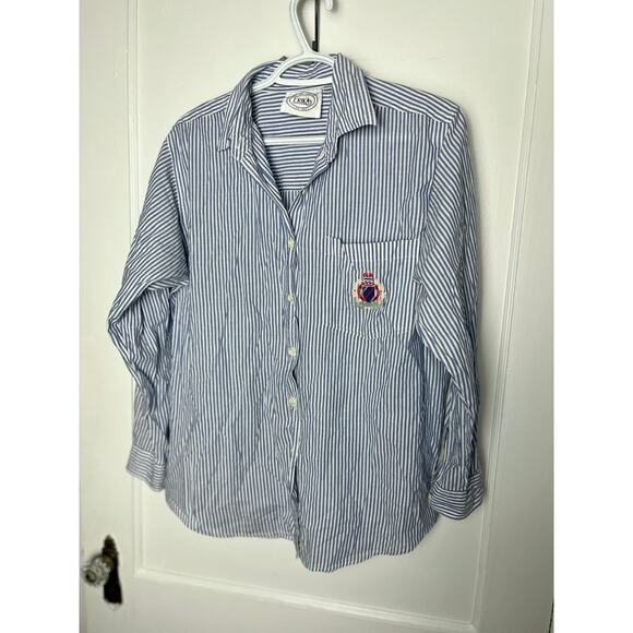 Vintage 90s Erika Blue White Striped Preppy Crest Button Down Blouse Size Medium - Picture 1 of 5